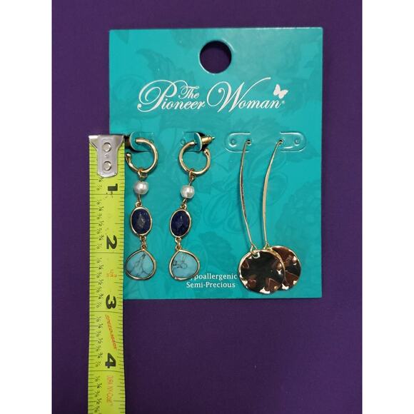 Pioneer Woman Two Pairs Earrings Long Dangle Pierced Threader Semiprecious New - Picture 5 of 8